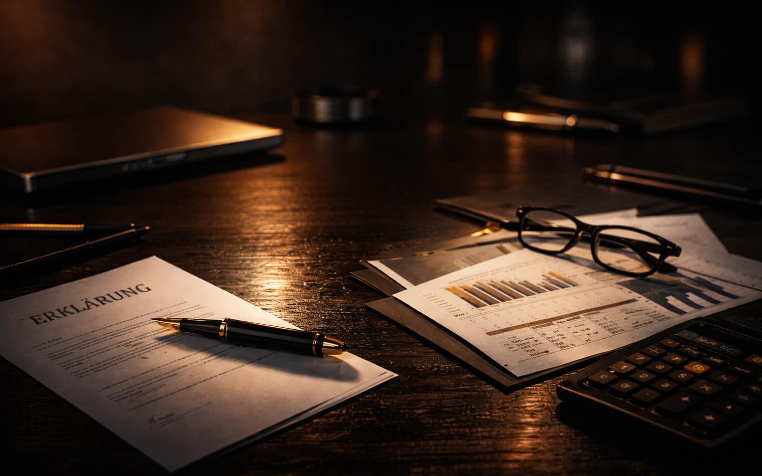 Schreibtisch mit Vertragsunterlagen, Brille und Finanzauswertungen